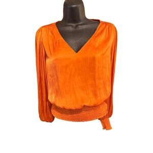 Joie Womens Orange V-Neck Long Sleeve Blouse With Shirred Cuffs & Hem Size S
